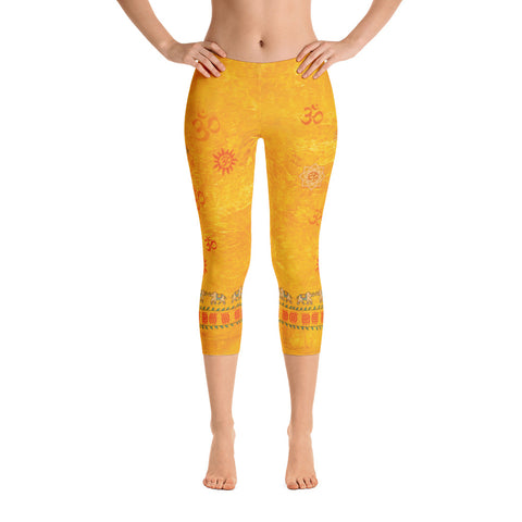 Awaken with these golden capris leggings for yoga.Designed by Sushila Oliphant, Apparel for the Spirit.