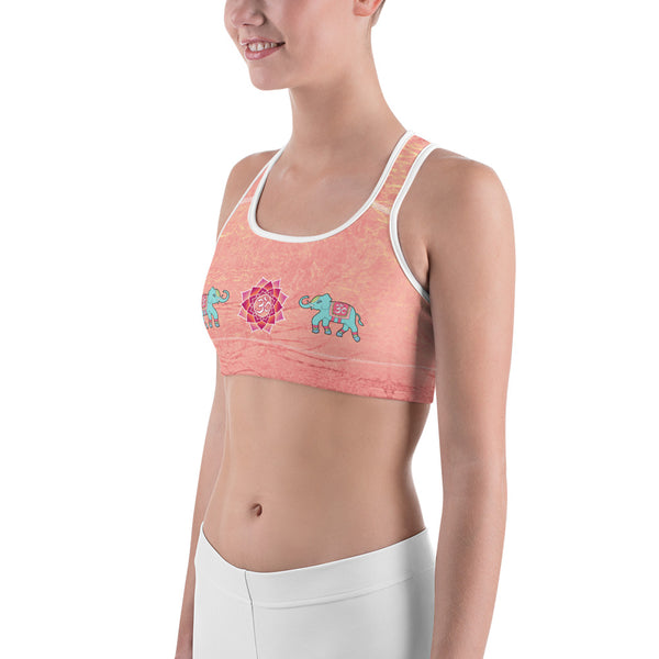 Yoga sports bra with oms and elephants for workouts by Sushila Oliphant for Apparel for the Spirit.
