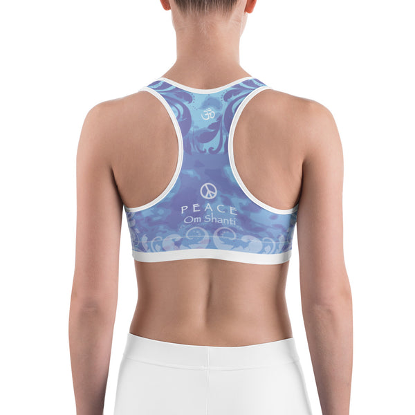 Yoga sports bra, blue, with sacred symbols for workouts by Sushila Oliphant for Apparel for the Spirit.