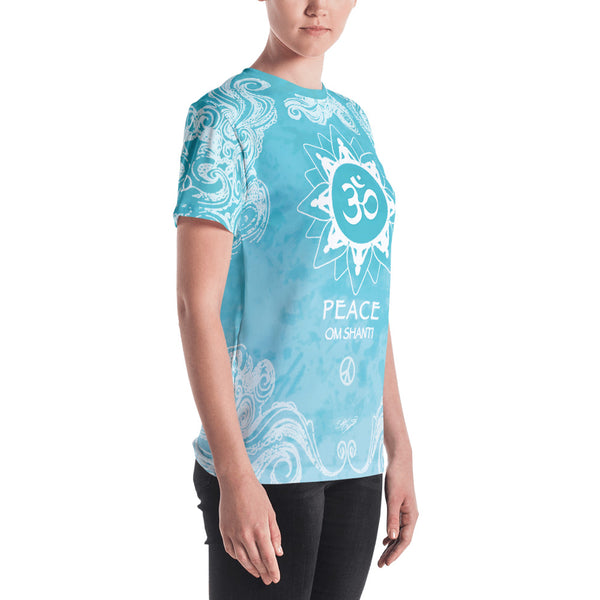 Women's Om Shanti yoga t-shirt with om signs and peace signs. Artist Sushila Oliphant for Apparel for the Spirit.
