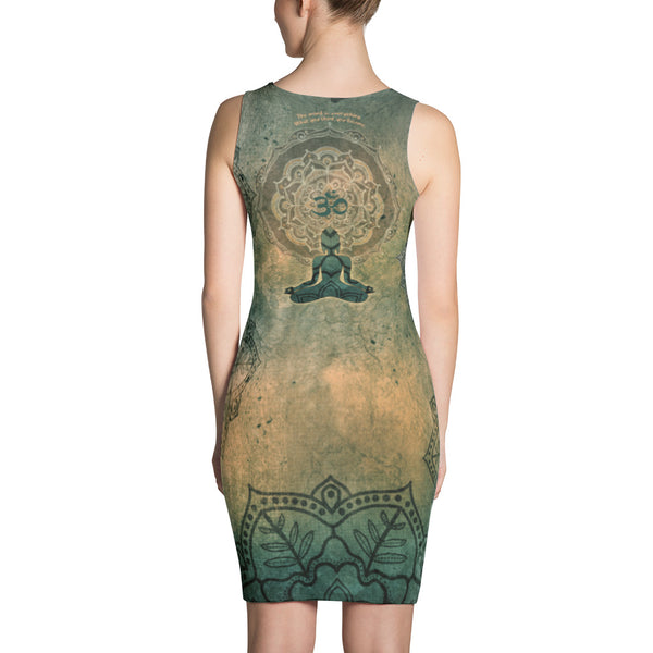 Dress with Buddha in mudra, a mandala, mantra and om sign by Sushila Oliphant