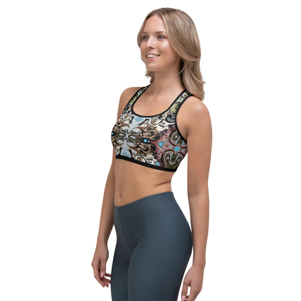 A cool yoga sports bra with a Celtic vibe designer Sushila Oliphant.