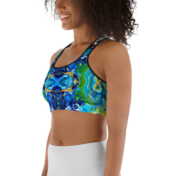 Sports bra with a Celtic vibe for yoga, hot yoga, gym workouts and meditation classes. Designer Sushila Oliphant.