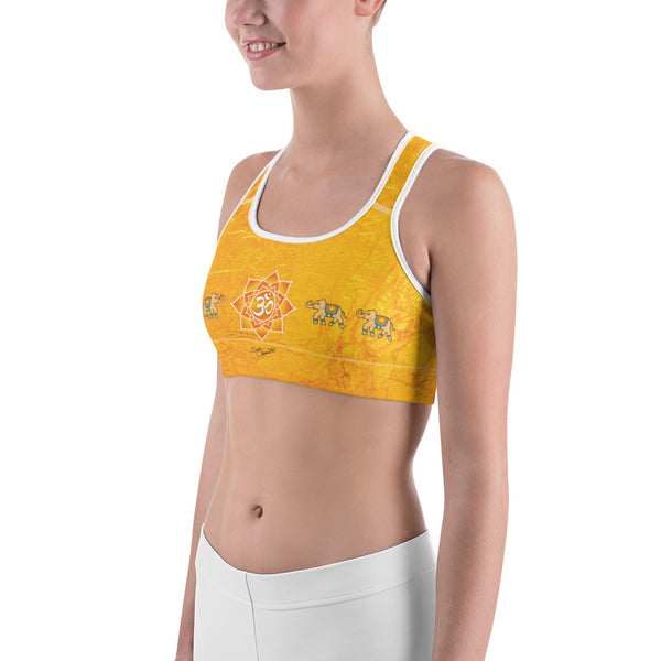 Yoga sports bra with oms and elephants for workouts by Sushila Oliphant for Apparel for the Spirit.