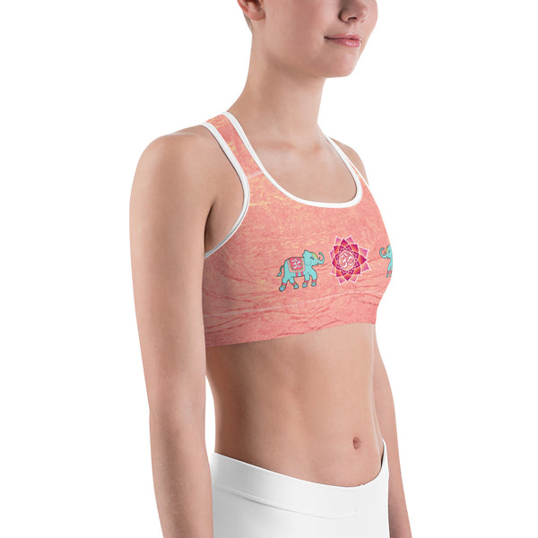 Yoga sports bra with oms and elephants for workouts by Sushila Oliphant for Apparel for the Spirit.