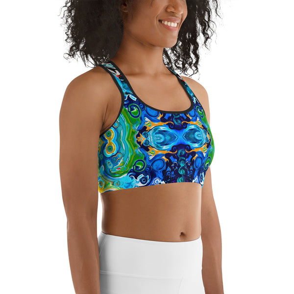 Sports bra with a Celtic vibe for yoga, hot yoga, gym workouts and meditation classes. Designer Sushila Oliphant.