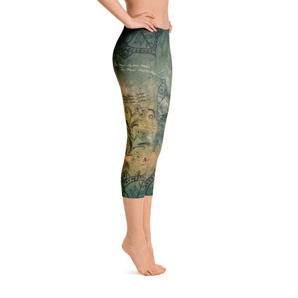 Capri leggings with an Eastern vibe. Matches Buddha in Mudra tops. Designed by Sushila Oliphant, Apparel for the Spirit.