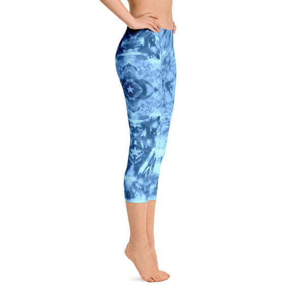 Cosmic Blues capri leggings with abstract tribal themed art. Great for yoga and gym workouts! Designed by Sushila Oliphant, Apparel for the Spirit.