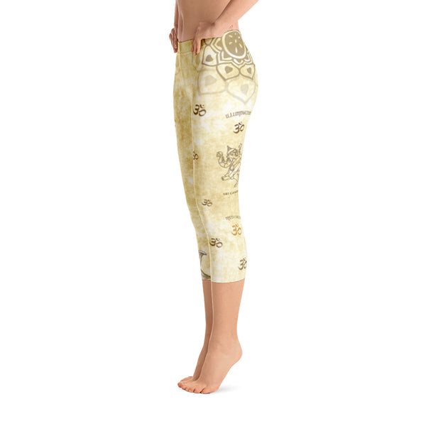 Brahman inspired capri leggings, adorned with lotuses, om signs with Brahman seated in a lotus. Great for yoga and gym workouts! Designed by Sushila Oliphant, Apparel for the Spirit.
