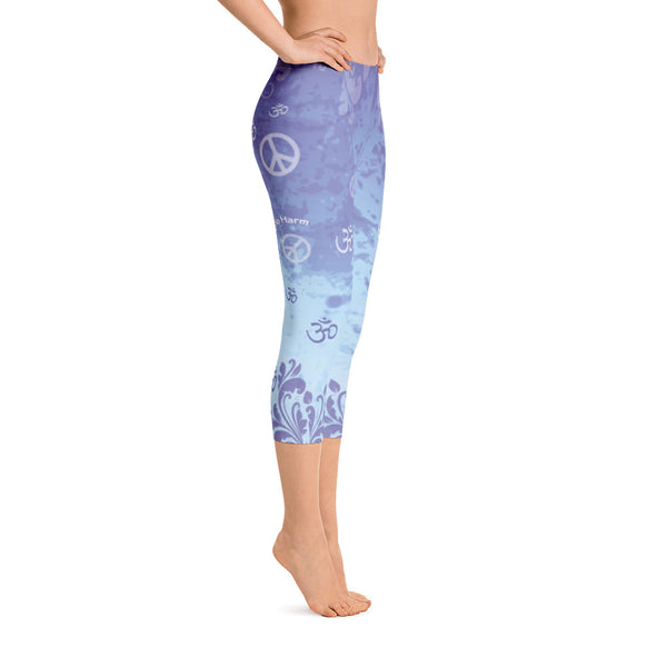 Beautifully adorned with om and peace signs, these lavender capris leggings are great for yoga.Designed by Sushila Oliphant, Apparel for the Spirit.
