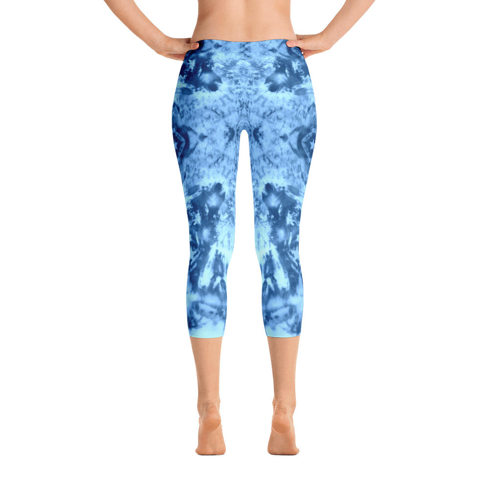 Cosmic Blues capri leggings with abstract tribal themed art. Great for yoga and gym workouts! Designed by Sushila Oliphant, Apparel for the Spirit.