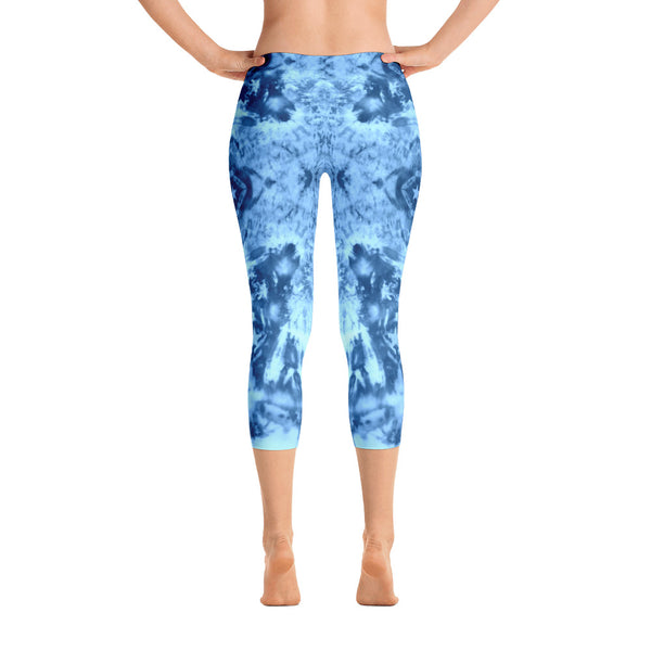 Cosmic Blues capri leggings with abstract tribal themed art. Great for yoga and gym workouts! Designed by Sushila Oliphant, Apparel for the Spirit.