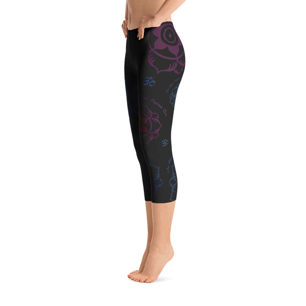 Buddha Om capris leggings for yoga. Designed by Sushila Oliphant, Apparel for the Spirit.