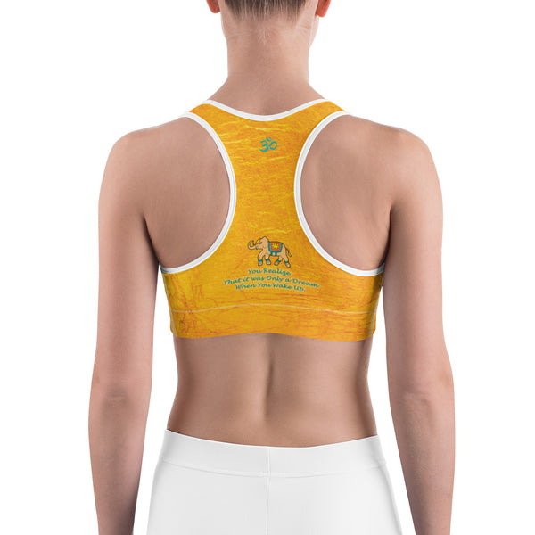 Yoga sports bra with oms and elephants for workouts by Sushila Oliphant for Apparel for the Spirit.