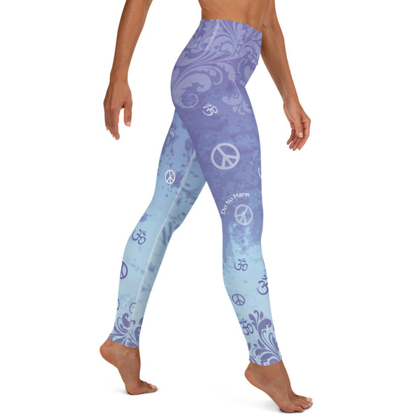 Yoga pants with ahimsa mantras and om signs by Sushila Oliphant for Apparel for the Spirit.