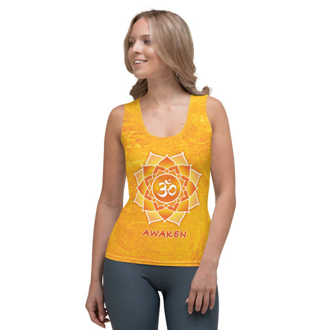 Women's Yoga tank top, Awaken to Higher Consciousness, with lotus, om sign, peace by Sushila Oliphant