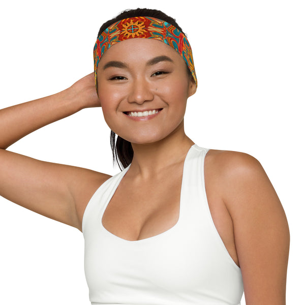 Aztec Sun headband - great for gym workouts or yoga classes. Native American theme. Artist, Sushila Oliphant with Apparel for the Spirit.