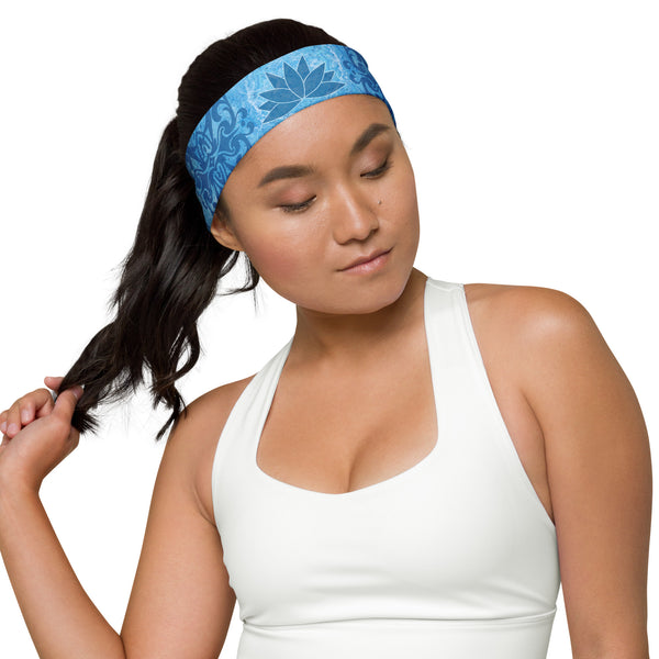 Blue Lotus headband great for yoga classes and gym workouts. Designer, Sushila Oliphant with Apparel for the Spirit.