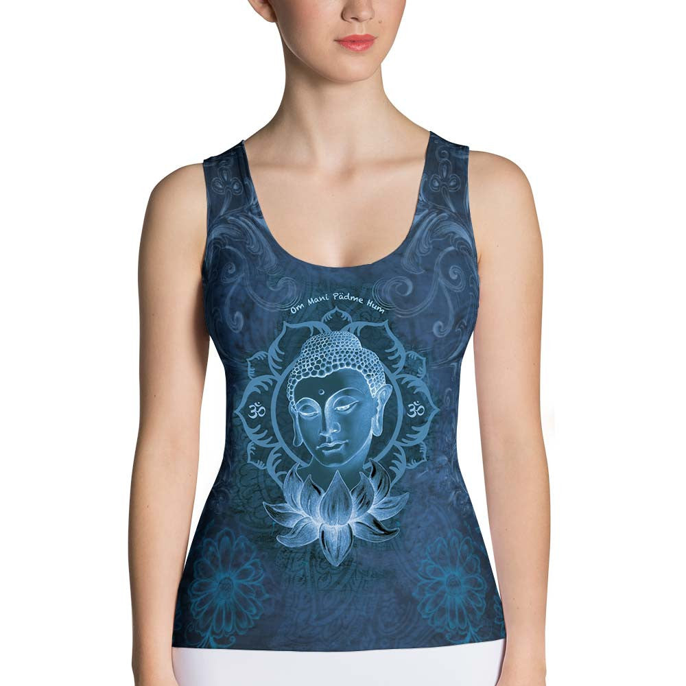 yoga tank top with Buddha, om sign, mantra, peace sign