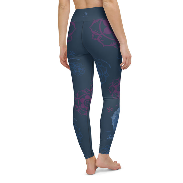 Yoga pants with Buddha, om signs and elephants by Sushila Oliphant for Apparel for the Spirit.