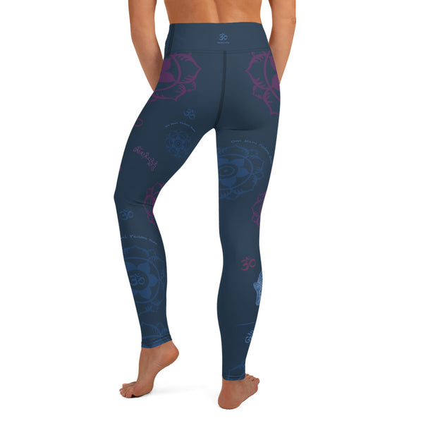 Yoga pants with Buddha, om signs and elephants by Sushila Oliphant for Apparel for the Spirit.