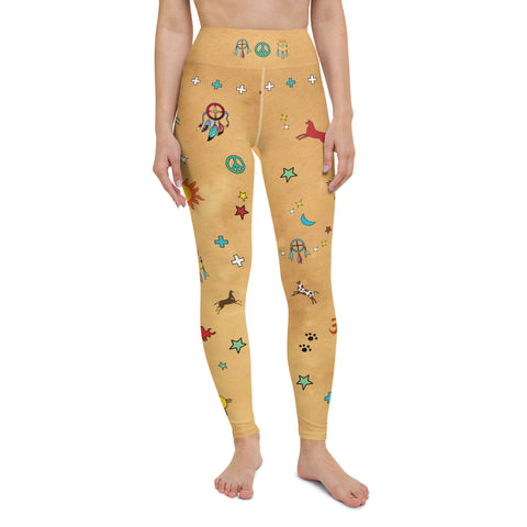 Yoga pants southwestern vibe with Native American symbols by Sushila Oliphant