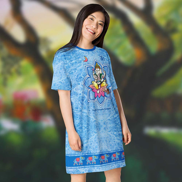 Ganesha, a very cool t-shirt dress, available in plus sizes. This Hindu Diety is known for removing obstacles and promoting prosperity, both spiritual and physical.. Artist Sushila Oliphant with Apparel for the spirit.