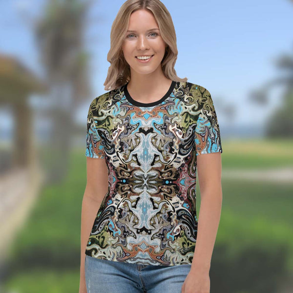Women's cool yoga tee with a Celtic or Eastern flair. Designed by Sushila Oliphant, Apparel for the Spirit.