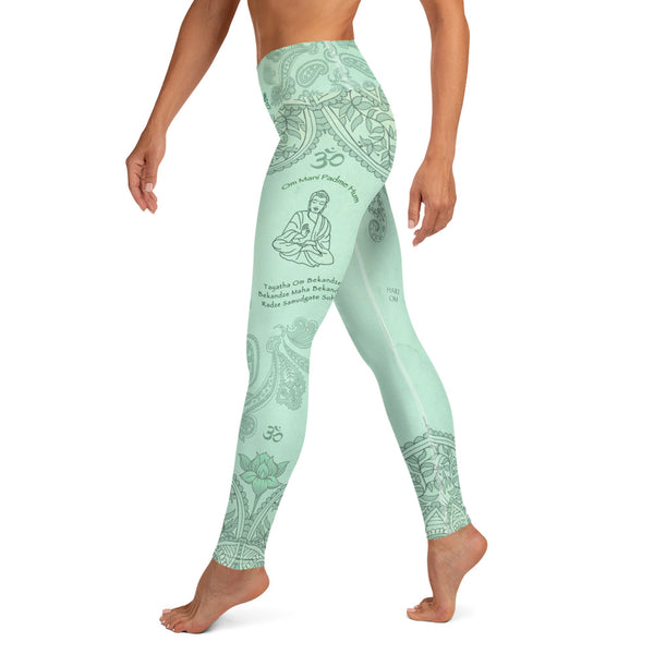 Yoga pants with Buddha, om signs and mantras by Sushila Oliphant for Apparel for the Spirit.