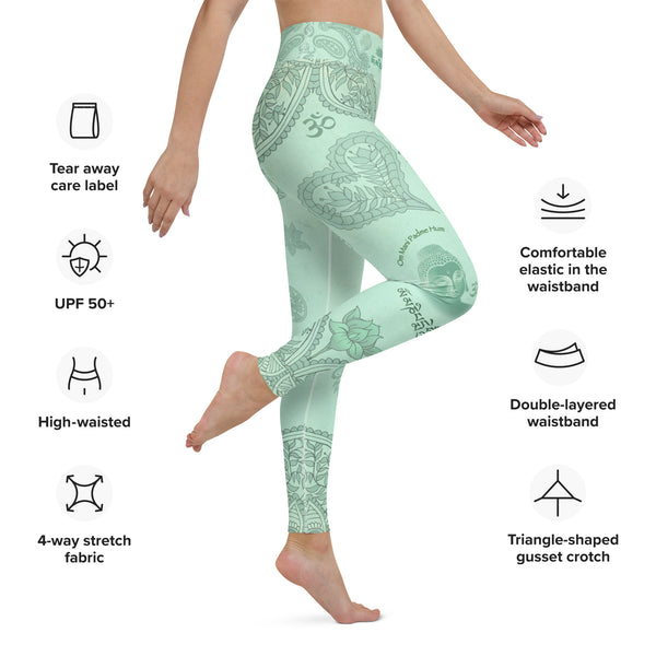 Yoga pants with Buddha, om signs and mantras by Sushila Oliphant for Apparel for the Spirit.