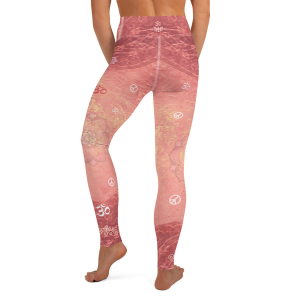 yoga pants with lotus, om sign, peace sign by Sushila Oliphant for Apparel for the Spirit.