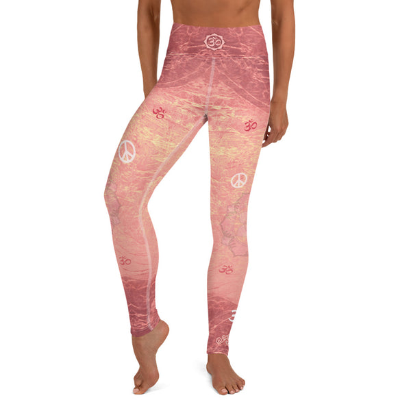 yoga pants with lotus, om sign, peace sign by Sushila Oliphant for Apparel for the Spirit.