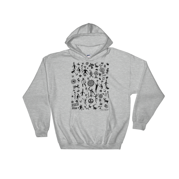 Native American Indian rock art on hoodie by Sushila Oliphant.