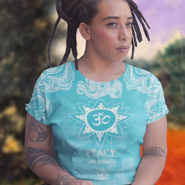 Women's Om Shanti yoga t-shirt with om signs and peace signs. Artist Sushila Oliphant for Apparel for the Spirit.