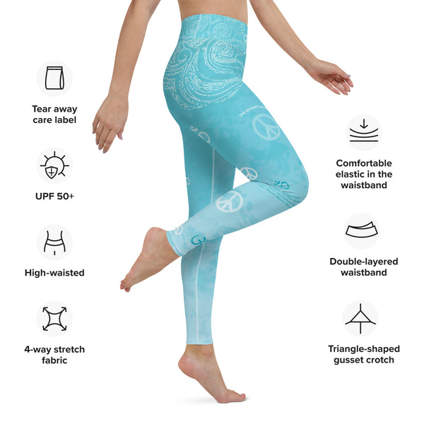 yoga pants with lotus, om sign, peace sign by Sushila Oliphant for Apparel for the Spirit
