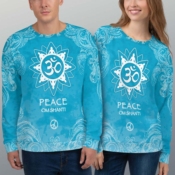 Spiritual yoga sweatshirt with yogi meditating, om sign and peace sign by Sushila Oiphant for apparel for the spirit.