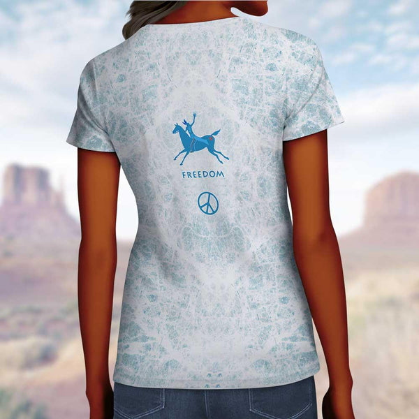 Women's Sacred Circle of Wisdom with rock art, buffalo head, thunderbird, peace sign and freedom rider on horseback. Native American theme designed by Sushila Oliphant, Apparel for the Spirit.