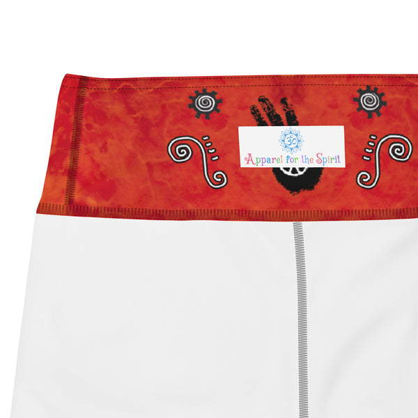 White Buffalo Yoga pants with Shamanic Native American symbols by Sushila Oliphant for Apparel for the Spirit.