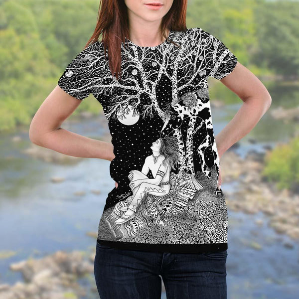 Native American with pinto horse, full moon amid aspen trees spiritual t-shirt by Sushila Oliphant, Apparel for the Spirit.