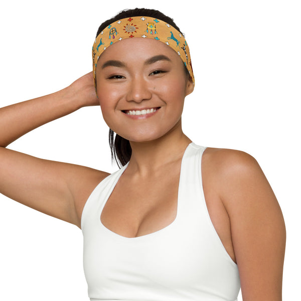 Spirit Horses Headband with a dreamcatcher, medicine bag, and crosses make this a beautiful Native American themed headgear. For the gym, workouts and yoga classes. Designer, Sushila Oliphant with Apparel for the Spirit.