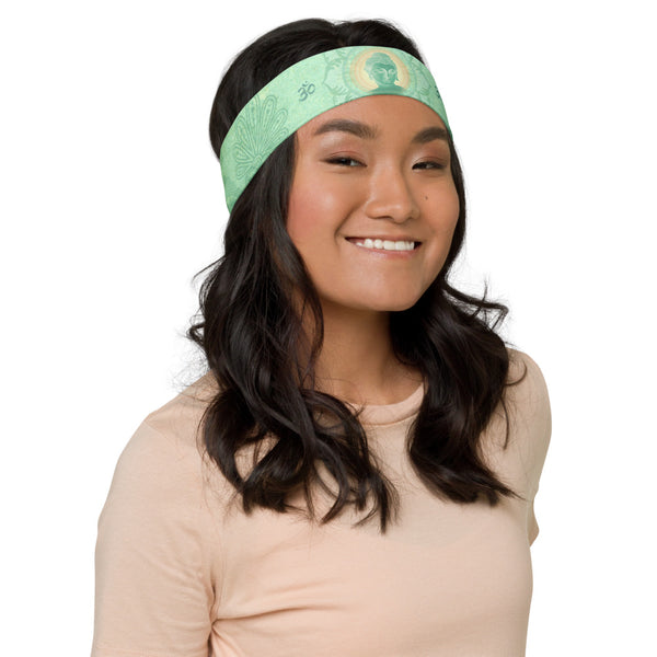 Jade Buddha headband great for yoga classes and gym workouts. Om signs and lotus petals embedded in the design. Artist, Sushila Oliphant with Apparel for the Spirit.