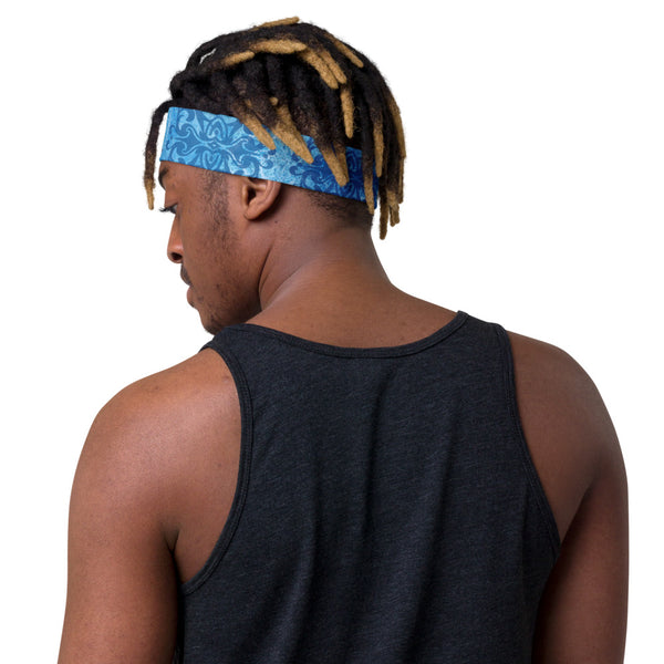 Blue Lotus headband great for yoga classes and gym workouts. Designer, Sushila Oliphant with Apparel for the Spirit.