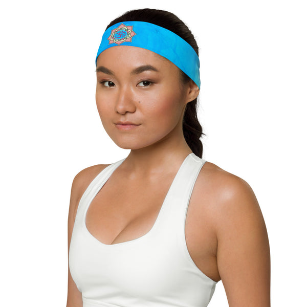 Lotus Om headband is great for yoga and the gym. Colorful, abstract design. Artist, Sushila Oliphant with Apparel for the Spirit.