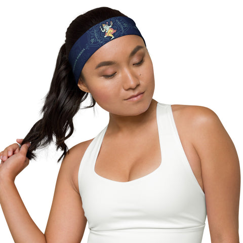 Ganesha Dancing headband great for yoga classes and gym workouts. Om signs and Ganesha's mantra embedded in the design. Artist, Sushila Oliphant with Apparel for the Spirit.