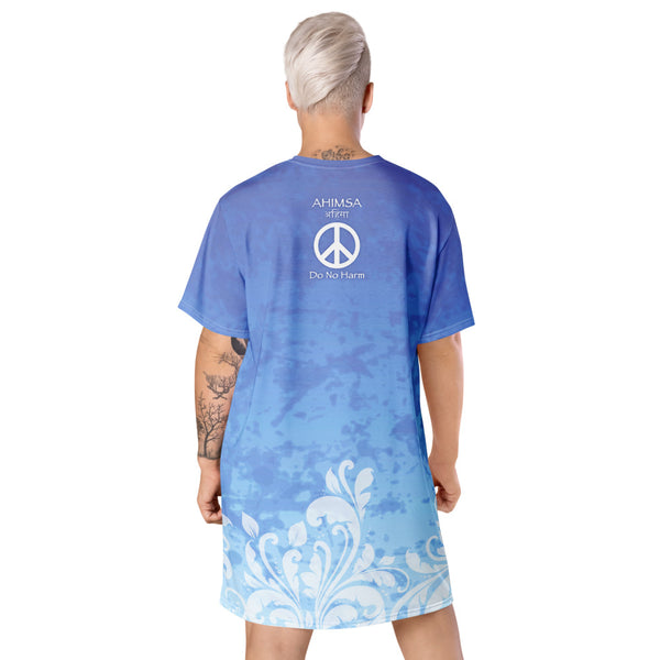 Om Shanti, Peace A t-shirt dress depicting unity of humanity and higher consciousness. An om sign and Do no harm on the back. Good vibes. Artist Sushila Oliphant and Apparel for the Spirit.