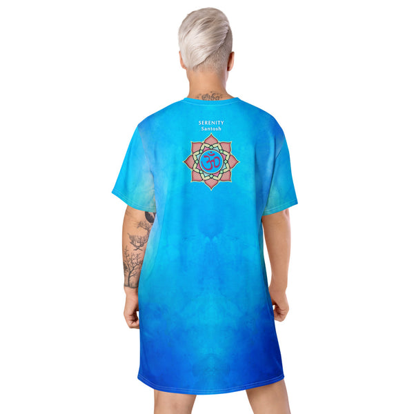 An Avatar Meditating on the Heart Chakra t-shirt dress with om sign, lotus and mandala. Artist Sushila Oliphant with Apparel for the Spirit.