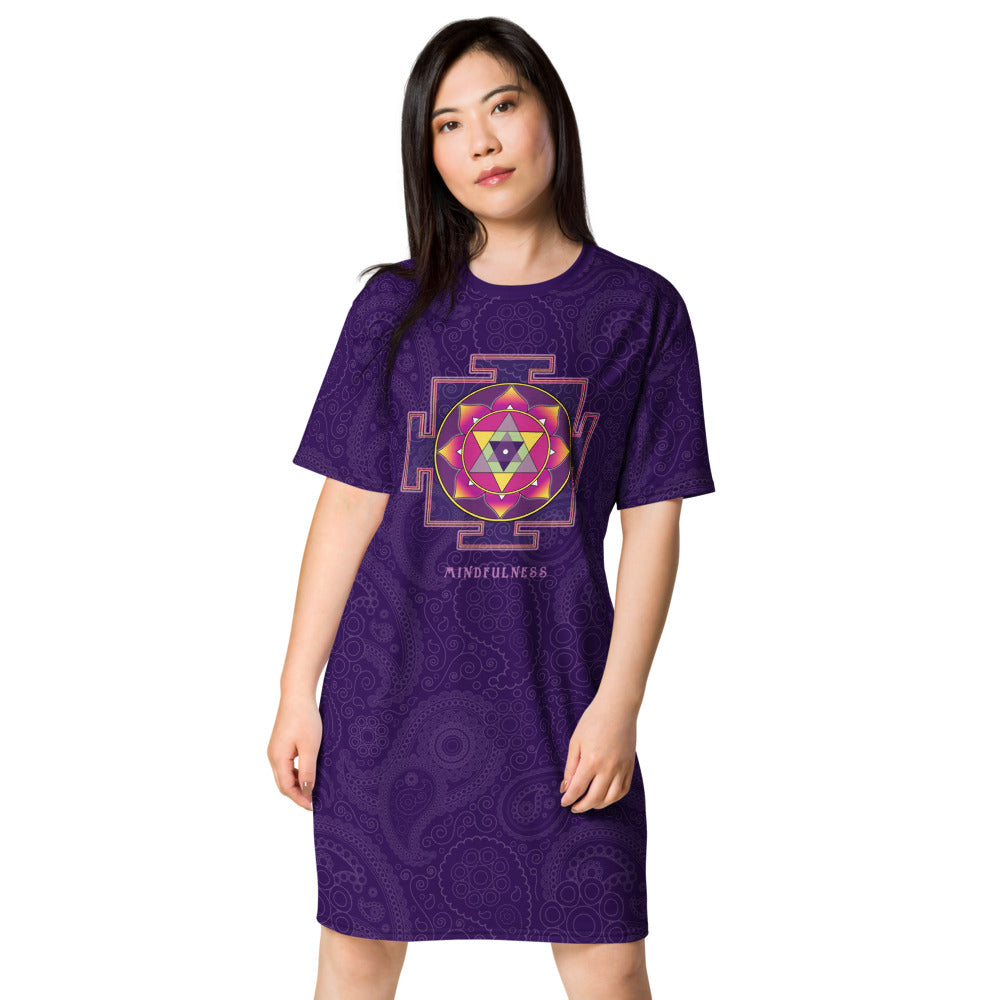 T-shirt Dress with yantra of Ganesha, mindfulness on front, awareness and om sign on back. Artist Sushila Oliphant, Apparel for the Spirit.