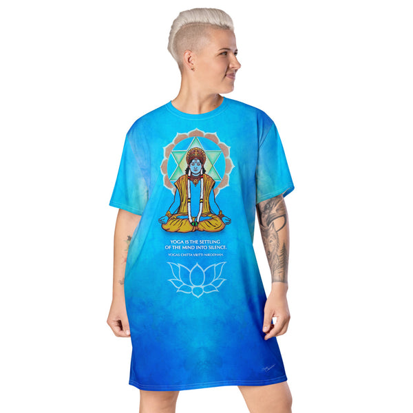 An Avatar Meditating on the Heart Chakra t-shirt dress with om sign, lotus and mandala. Artist Sushila Oliphant with Apparel for the Spirit.