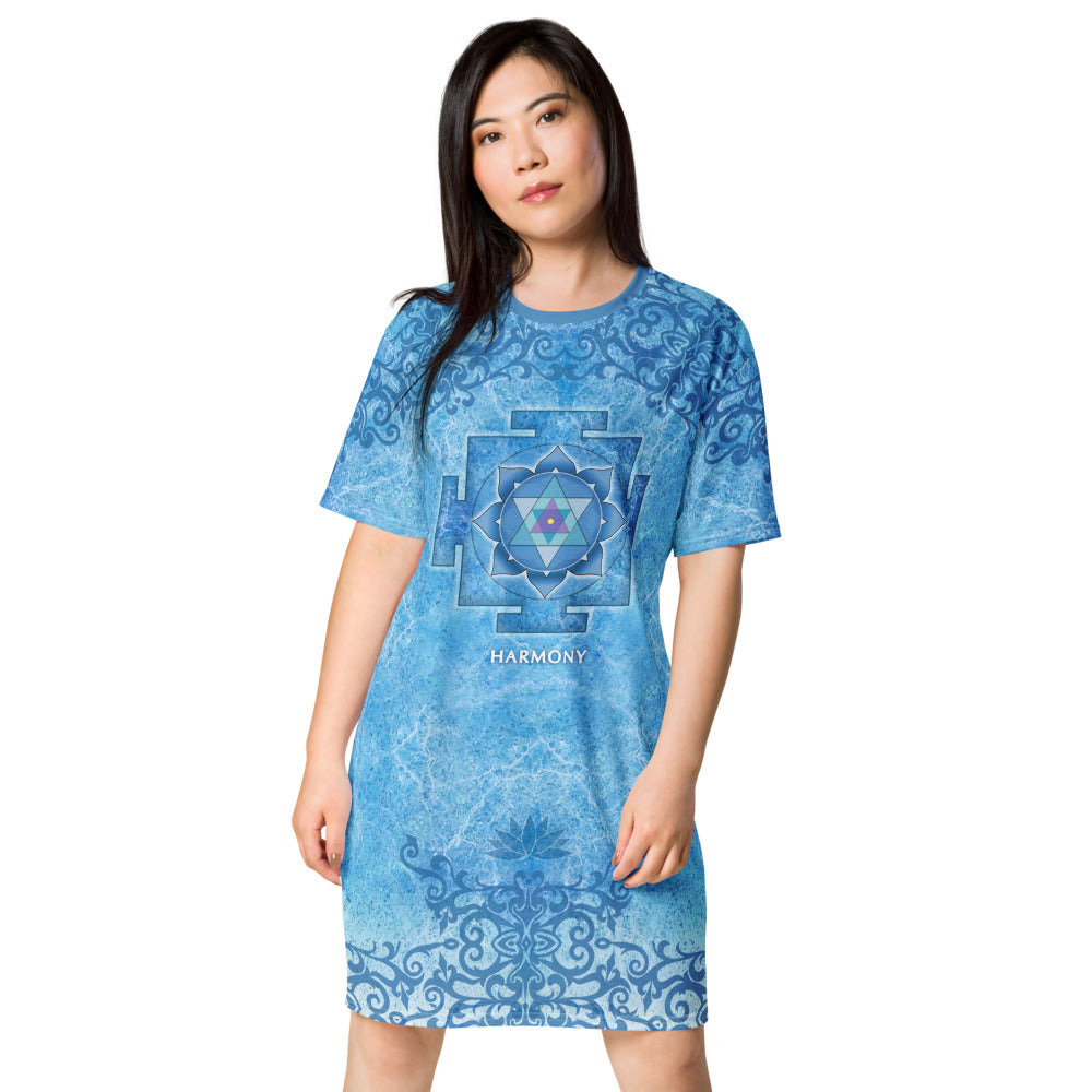 Harmony t-shirt dress with Ganesha yantra, lotus, yogi meditating, peace sign by Sushila Oliphant, apparel of the spirit.