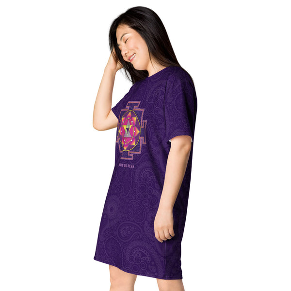 T-shirt Dress with yantra of Ganesha, mindfulness on front, awareness and om sign on back. Artist Sushila Oliphant, Apparel for the Spirit.
